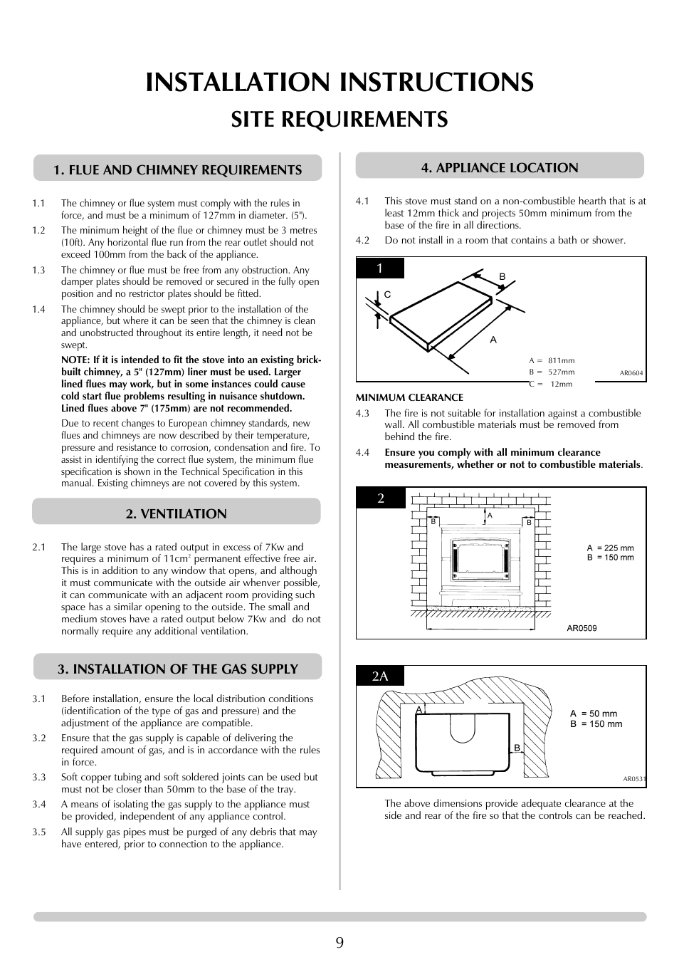 Installation instructions, Site requirements, Flue and chimney requirements | Stovax Ceramica Coal Effect Stove Range Conventional Flue User Manual | Page 9 / 23