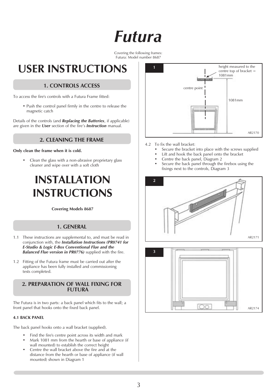 Futura, User instructions, Installation instructions | Controls access, Cleaning the frame, General, Preparation of wall fixing for futura | Stovax Fusion 8687 User Manual | Page 3 / 5