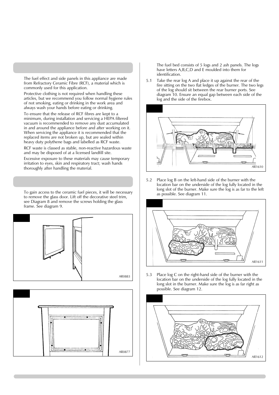 Installation instructions, Installation, Handling & disposal of fire ceramics | Fuelbed arrangements | Stovax Steel Manhattan Log Effect Stove Range User Manual | Page 12 / 25
