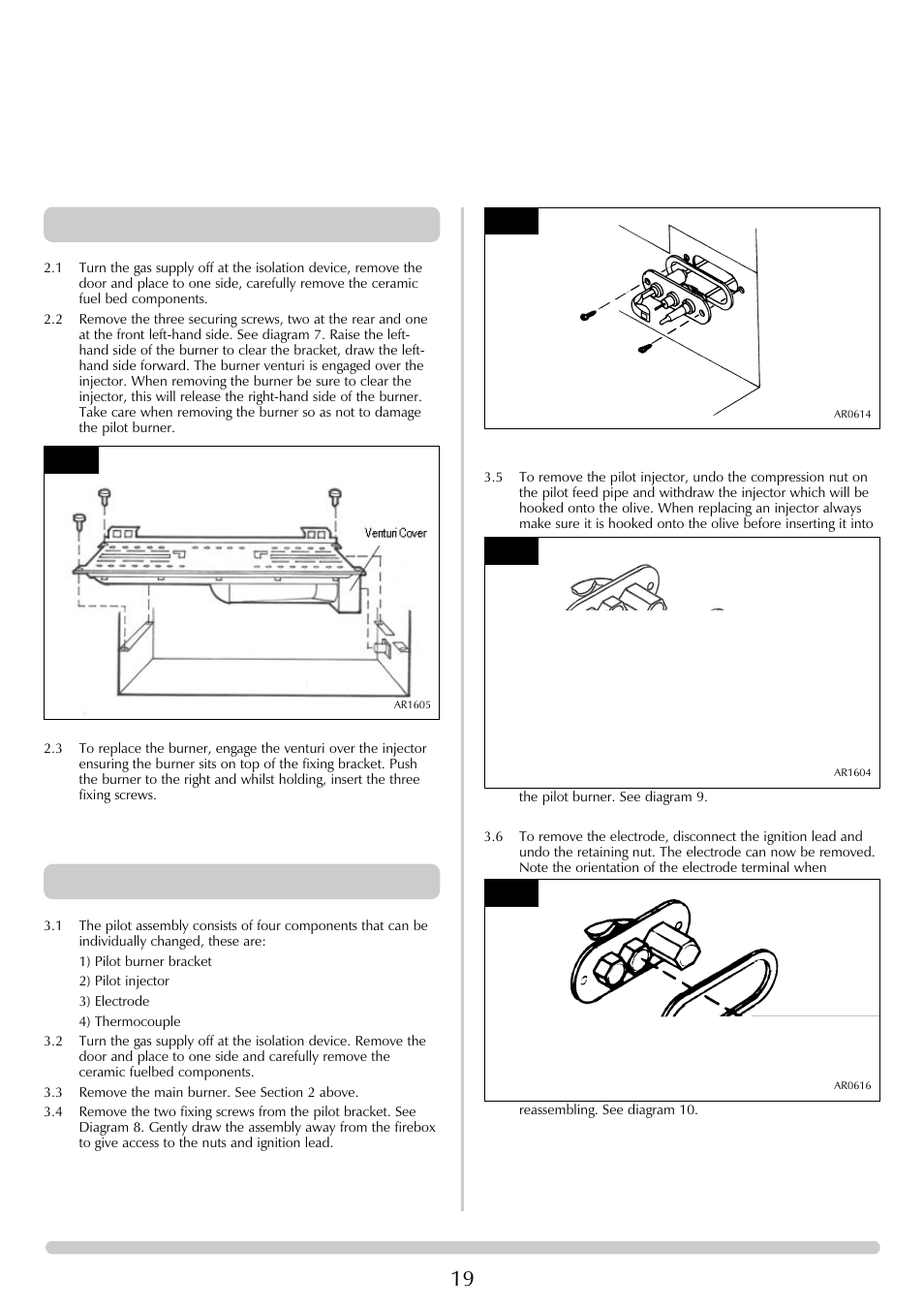 Servicing instructions, Replacing parts, Main burner | Pilot unit | Stovax Steel Manhattan Log Effect Stove Range User Manual | Page 19 / 25