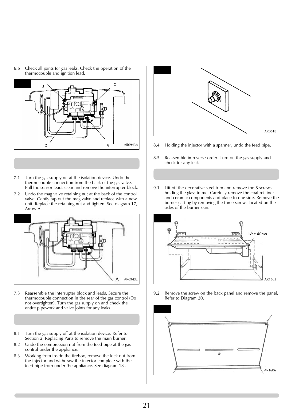 Servicing instructions, Replacing parts, Magnetic safety valve | Main injector, Gazco flue sure system | Stovax Steel Manhattan Log Effect Stove Range User Manual | Page 21 / 25
