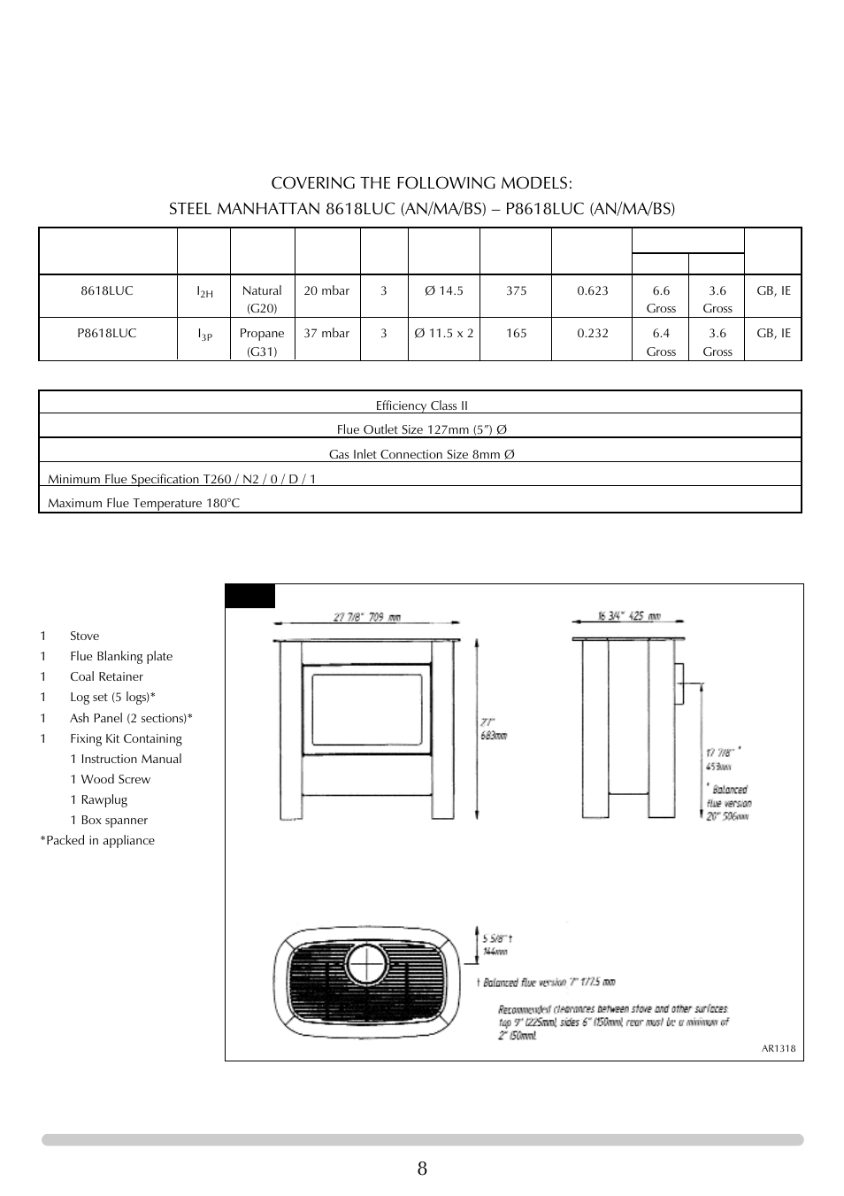 Installation instructions, Technical specification, Packing checklist | Stovax Steel Manhattan Log Effect Stove Range User Manual | Page 8 / 25