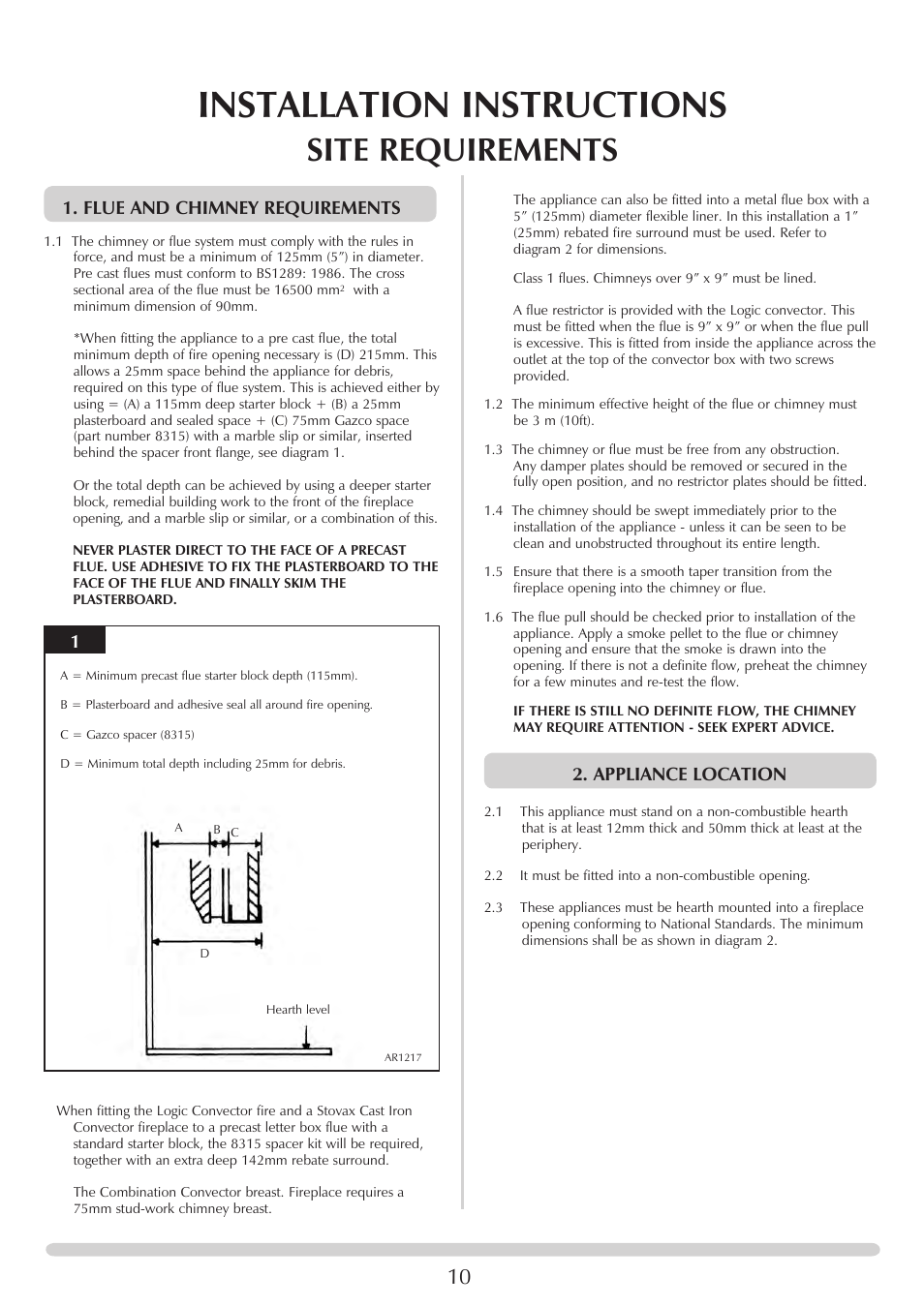 Installation instructions, Site requirements, Flue and chimney requirements | Appliance location | Stovax PR0696 User Manual | Page 10 / 25