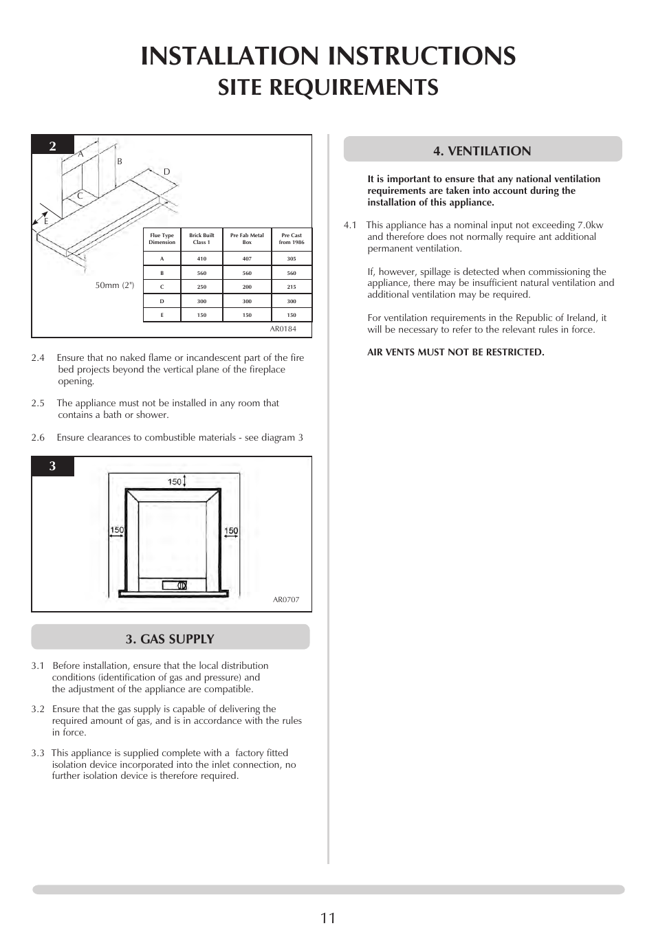 Installation instructions, Site requirements, Gas supply | Ventilation | Stovax PR0696 User Manual | Page 11 / 25