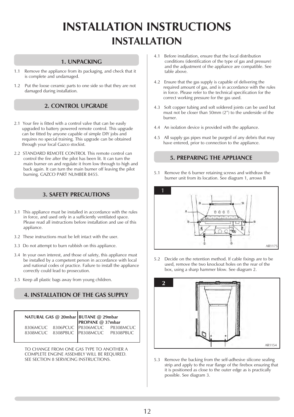 Installation instructions, Installation, Preparing the appliance | Unpacking, Control upgrade, Safety precautions, Installation of the gas supply | Stovax PR0696 User Manual | Page 12 / 25