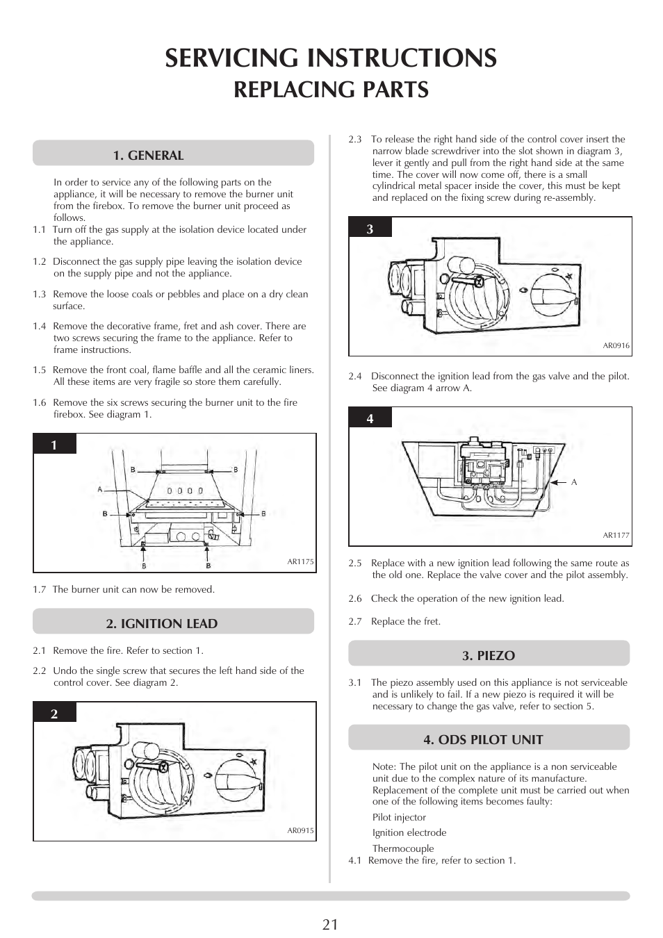 Servicing instructions, Replacing parts, General | Ignition lead, Piezo, Ods pilot unit | Stovax PR0696 User Manual | Page 21 / 25