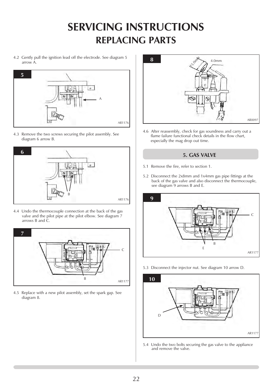 Servicing instructions, Replacing parts, Gas valve | Stovax PR0696 User Manual | Page 22 / 25