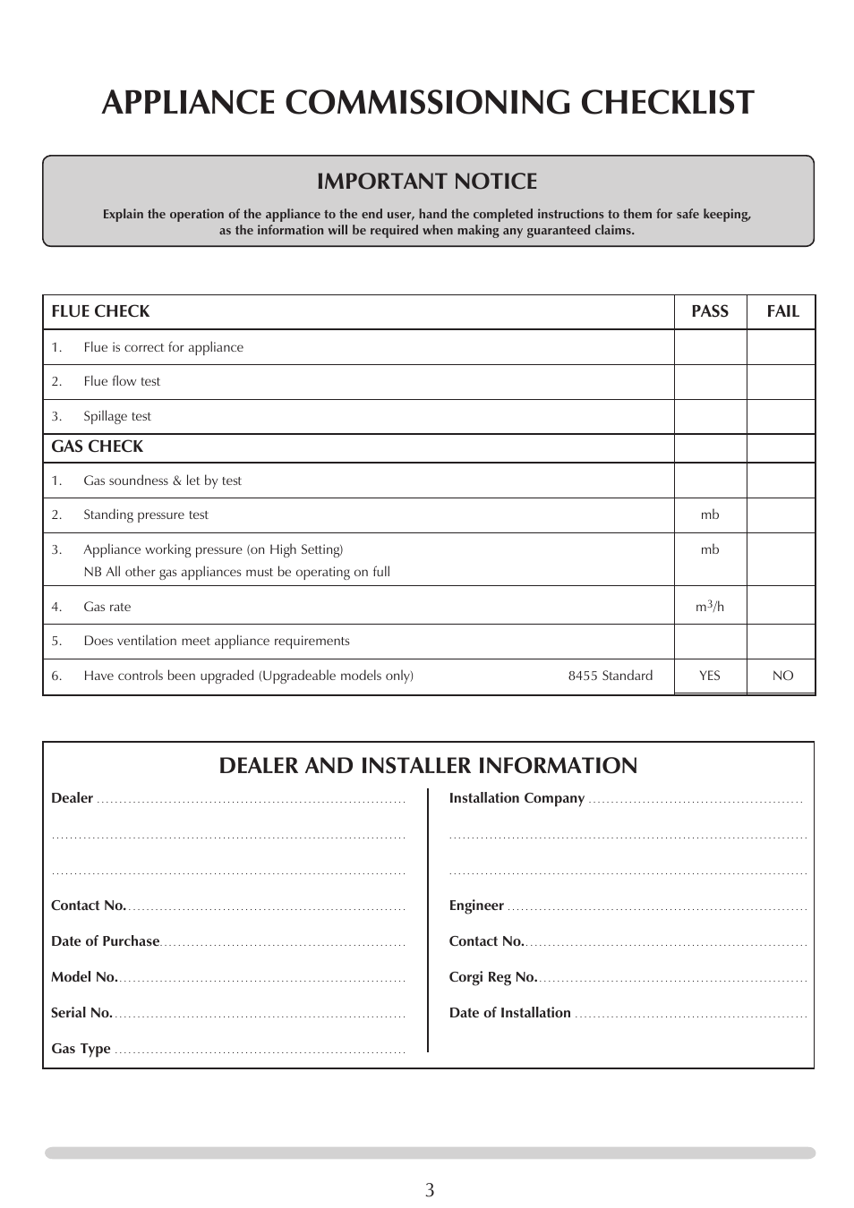 Appliance commissioning checklist, Important notice, Dealer and installer information | Flue check pass fail, Gas check | Stovax PR0696 User Manual | Page 3 / 25