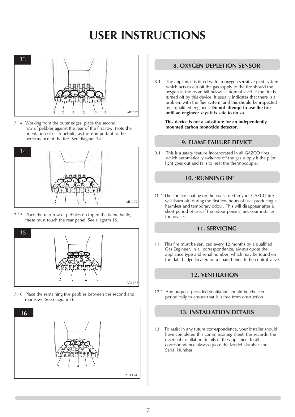 User instructions, Oxygen depletion sensor, Flame failure device | ‘running in, Servicing, Ventilation, Installation details | Stovax PR0696 User Manual | Page 7 / 25