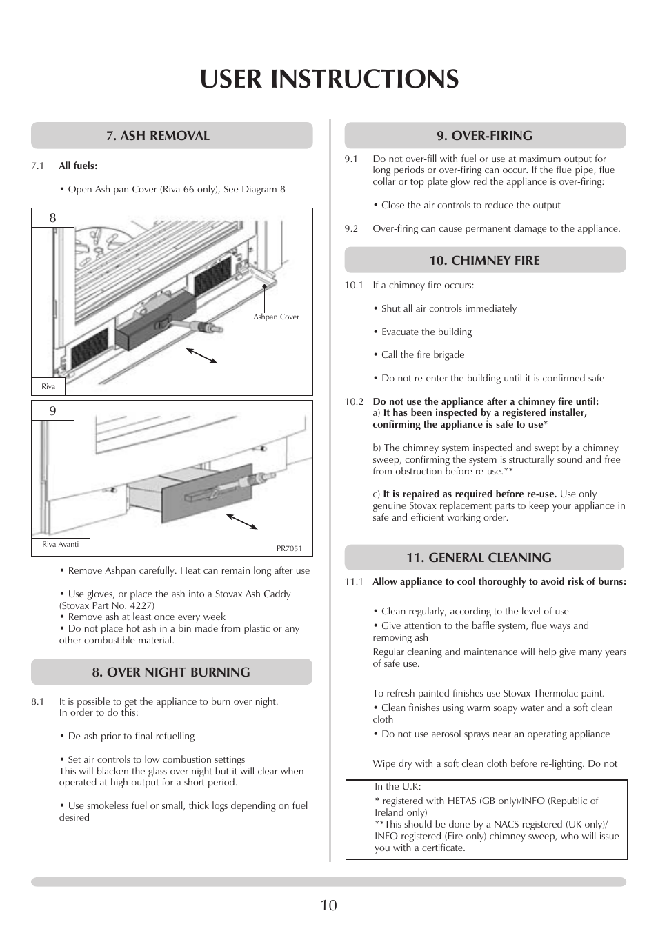 User instructions, Ash removal, Over night burning | Over-firing, Chimney fire, General cleaning | Stovax PM235 RV66AVC User Manual | Page 10 / 38