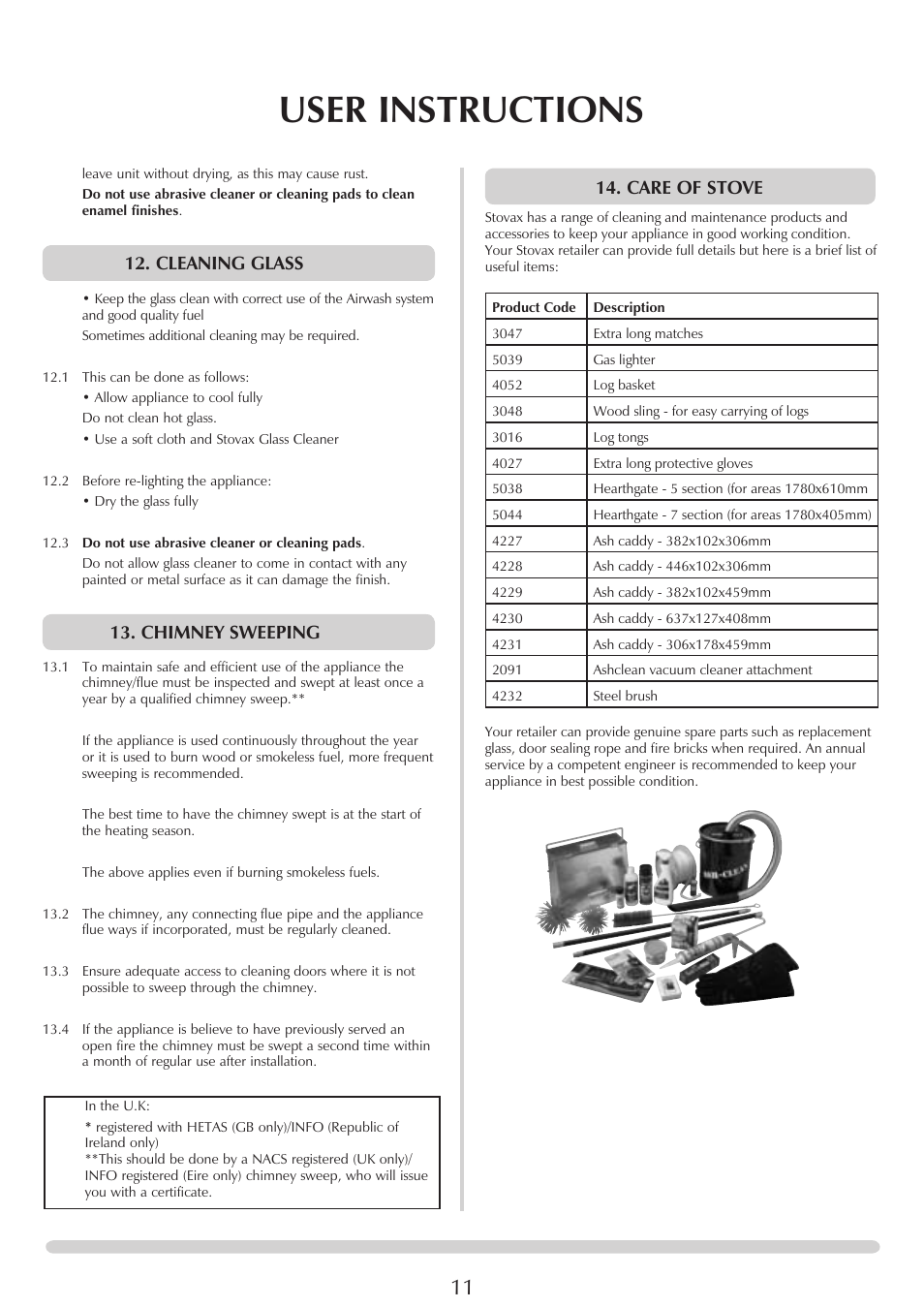 User instructions, Care of stove, Cleaning glass | Chimney sweeping | Stovax PM235 RV66AVC User Manual | Page 11 / 38