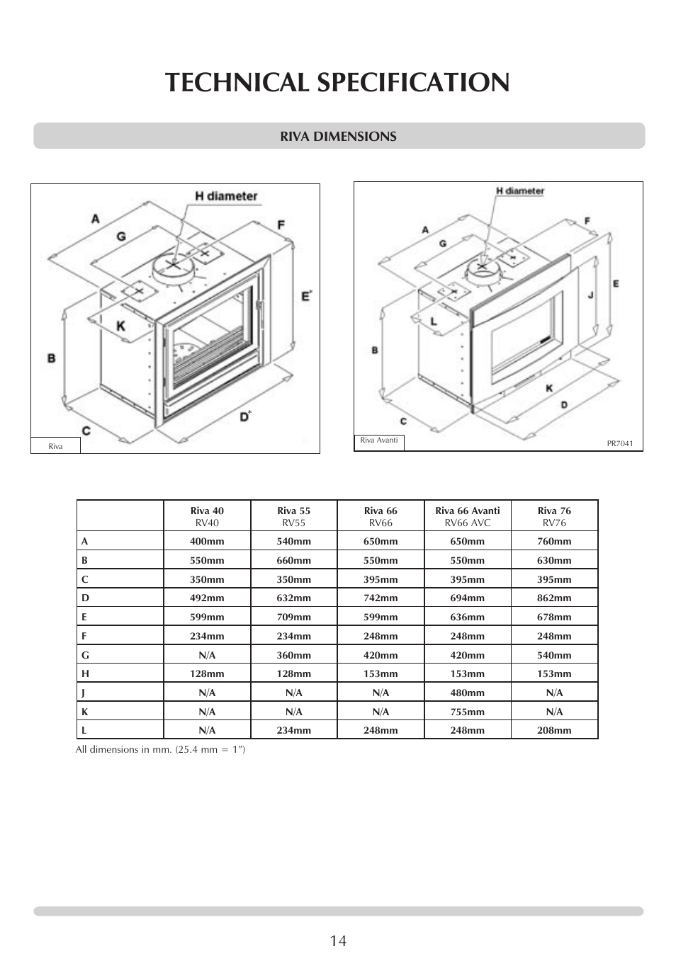 Technical specification, Riva dimensions | Stovax PM235 RV66AVC User Manual | Page 14 / 38