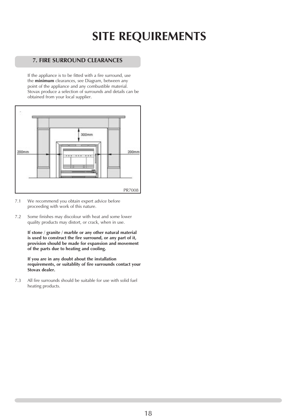 Site requirements, Fire surround clearances | Stovax PM235 RV66AVC User Manual | Page 18 / 38