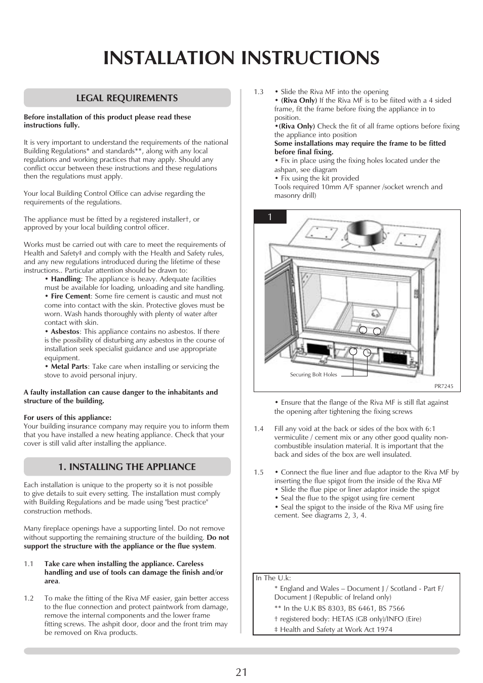 Installation instructions, Legal requirements, Installing the appliance | Stovax PM235 RV66AVC User Manual | Page 21 / 38