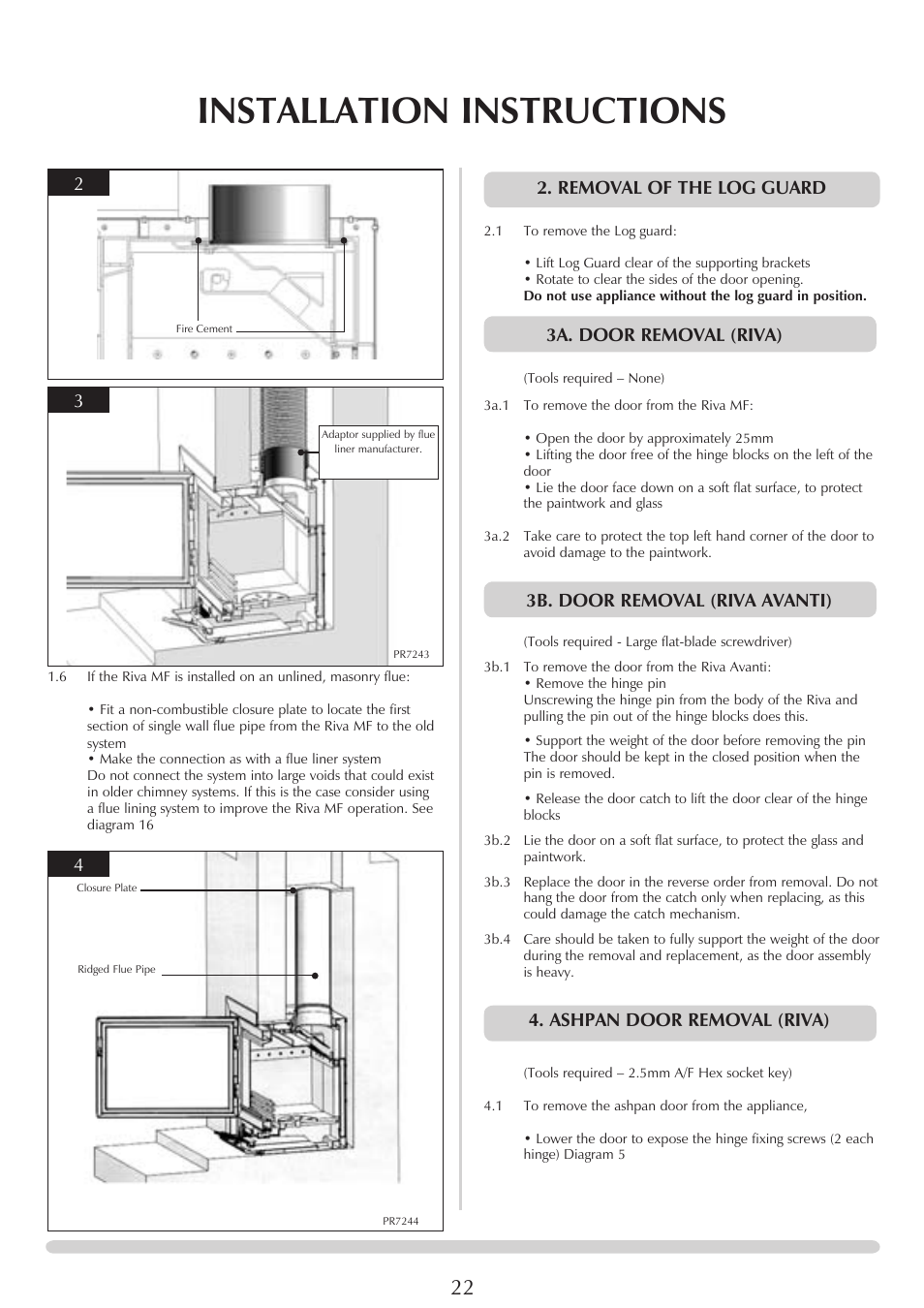 Installation instructions, Removal of the log guard, 3a. door removal (riva) | 3b. door removal (riva avanti), Ashpan door removal (riva) | Stovax PM235 RV66AVC User Manual | Page 22 / 38