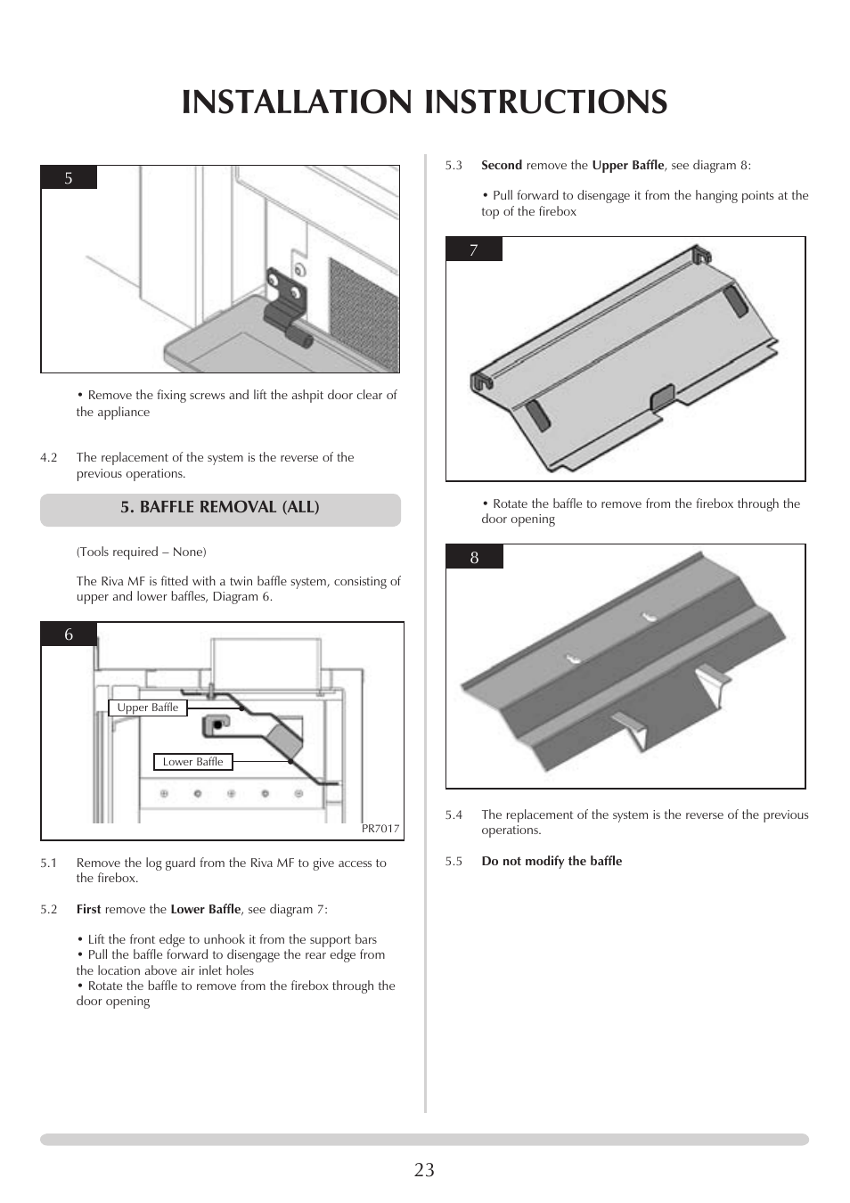 Installation instructions, Baffle removal (all) | Stovax PM235 RV66AVC User Manual | Page 23 / 38