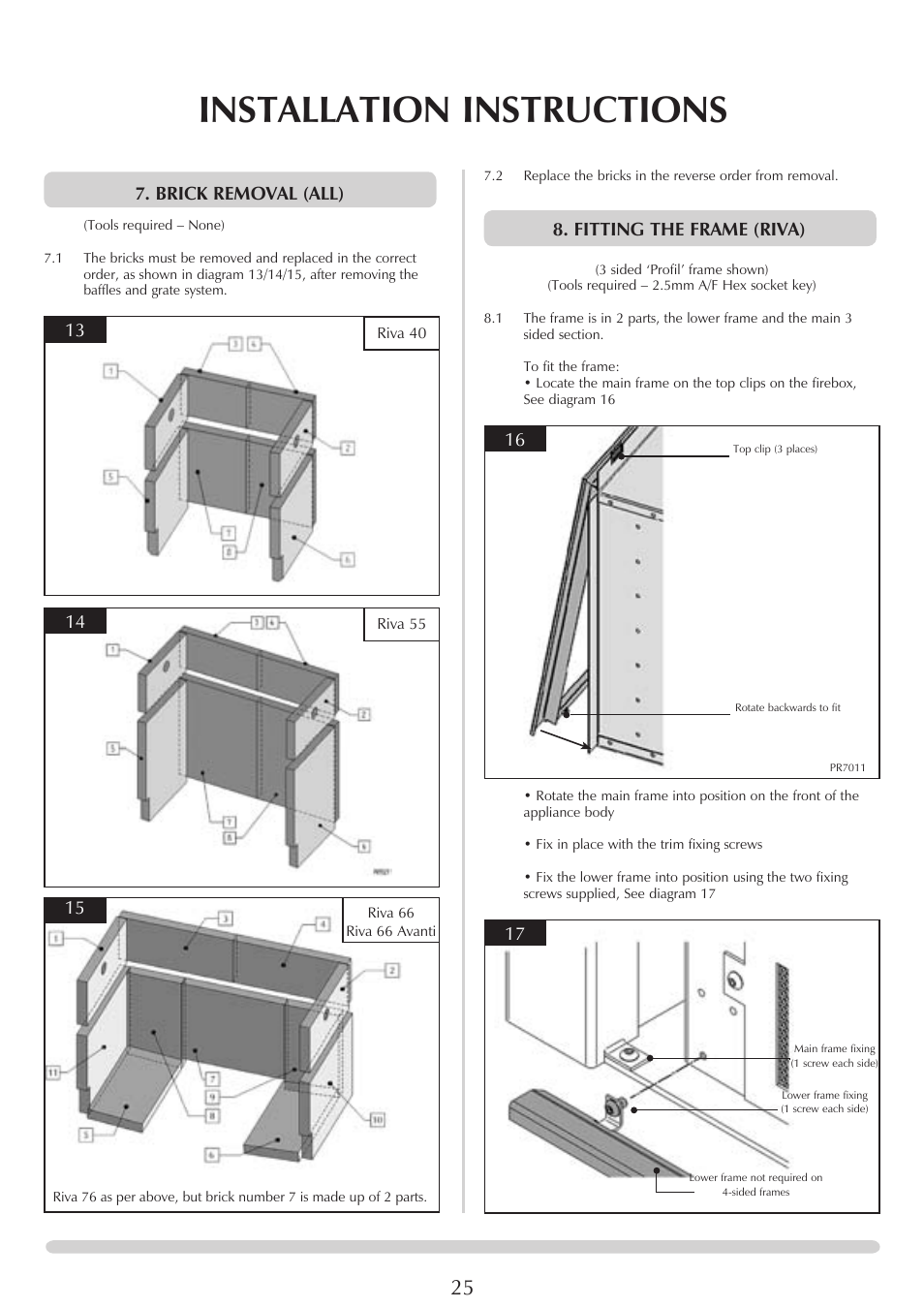 Installation instructions, Fitting the frame (riva), 17 7. brick removal (all) | Stovax PM235 RV66AVC User Manual | Page 25 / 38