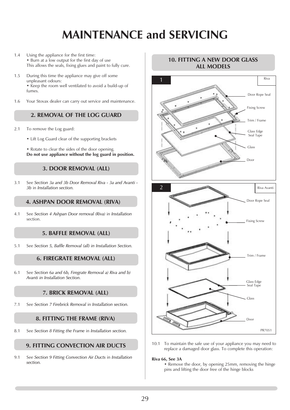 Maintenance and servicing, Removal of the log guard, Door removal (all) | Ashpan door removal (riva), Baffle removal (all), Firegrate removal (all), Brick removal (all), Fitting the frame (riva), Fitting convection air ducts, Fitting a new door glass all models | Stovax PM235 RV66AVC User Manual | Page 29 / 38