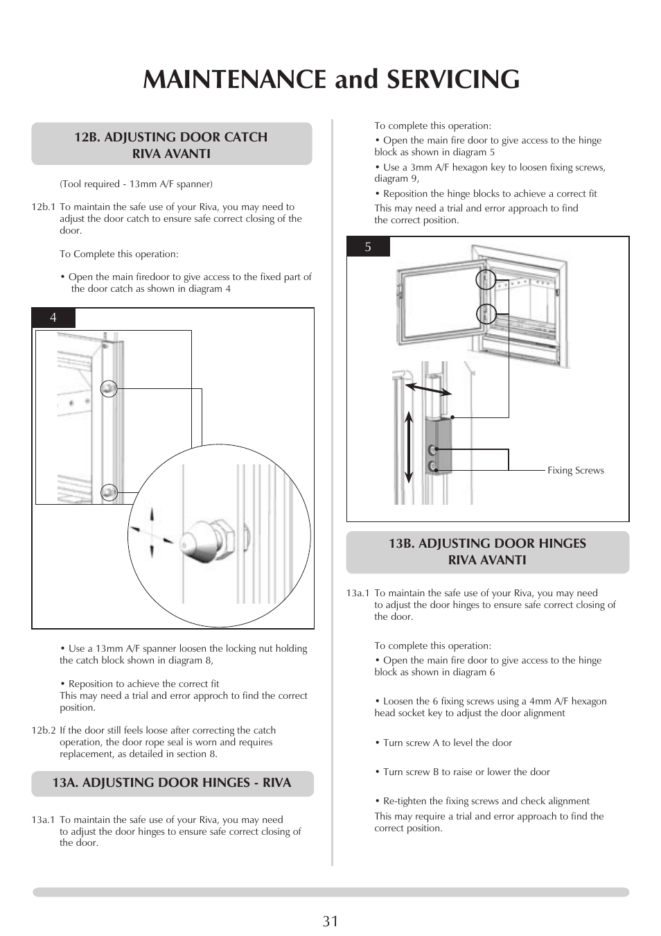 Maintenance and servicing, 513b. adjusting door hinges riva avanti, 12b. adjusting door catch riva avanti | 13a. adjusting door hinges - riva | Stovax PM235 RV66AVC User Manual | Page 31 / 38