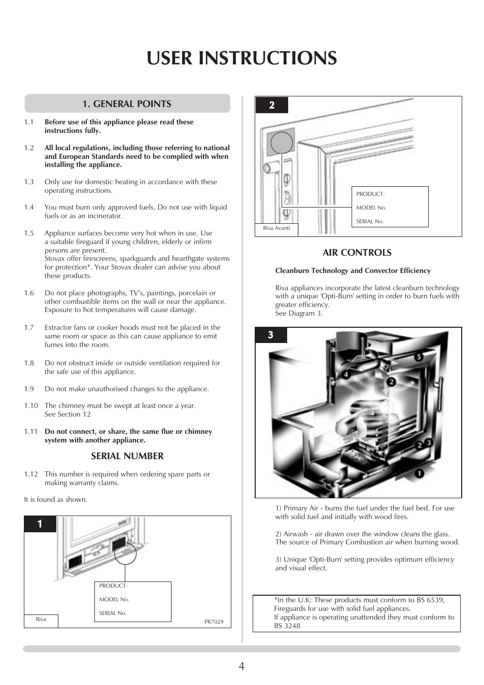 User instructions, General points, Serial number | Air controls | Stovax PM235 RV66AVC User Manual | Page 4 / 38