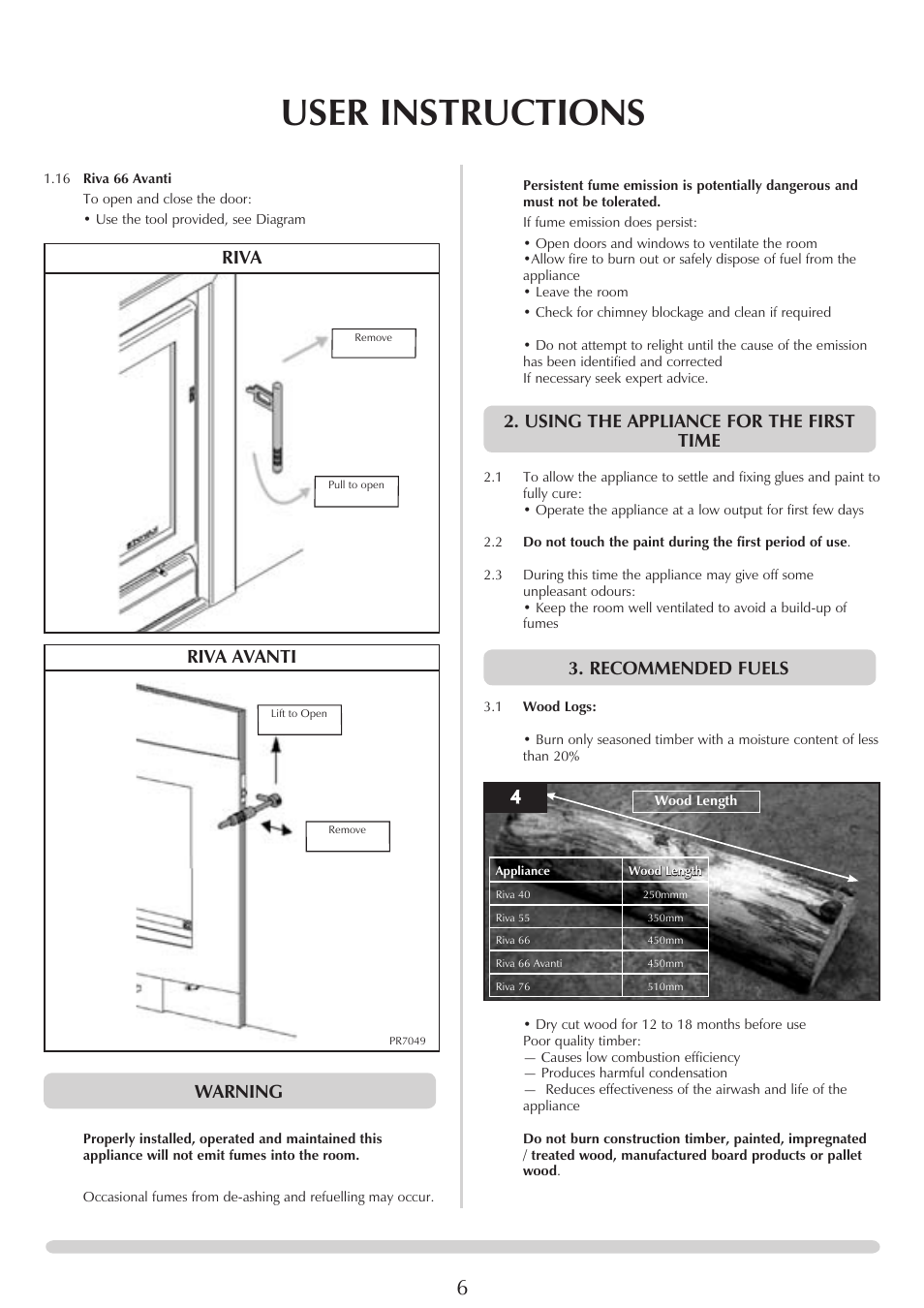 User instructions, Riva, Riva avanti | Warning, Using the appliance for the first time, Recommended fuels | Stovax PM235 RV66AVC User Manual | Page 6 / 38