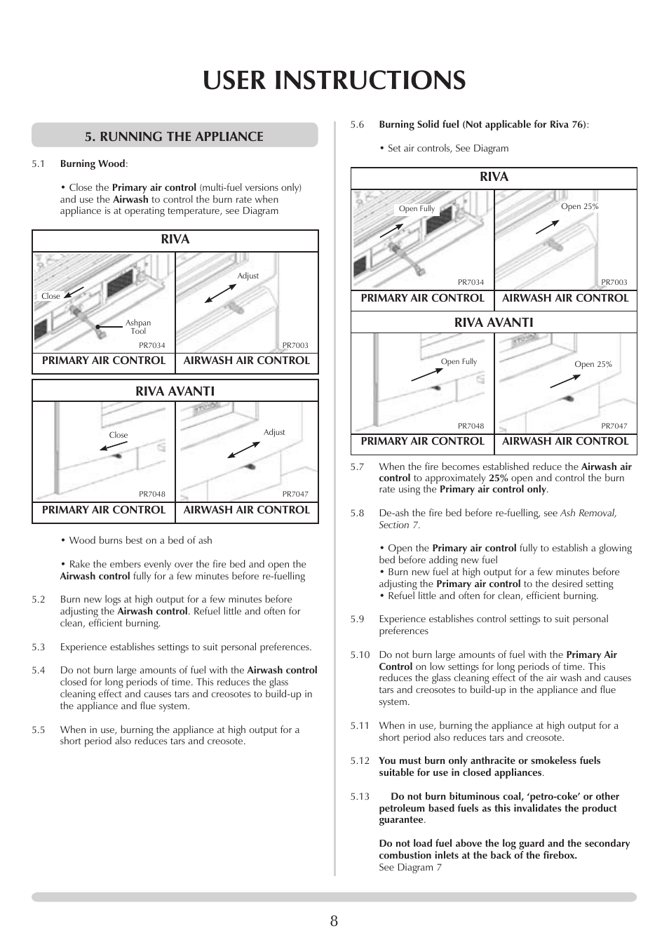 User instructions, Riva, Riva avanti | Running the appliance | Stovax PM235 RV66AVC User Manual | Page 8 / 38