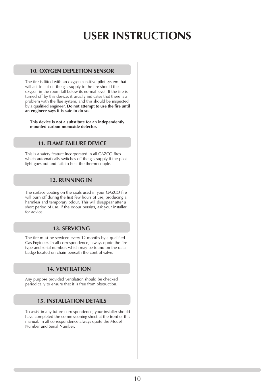 User instructions, Oxygen depletion sensor, Flame failure device | Running in, Servicing, Ventilation, Installation details | Stovax PR0741 User Manual | Page 10 / 34