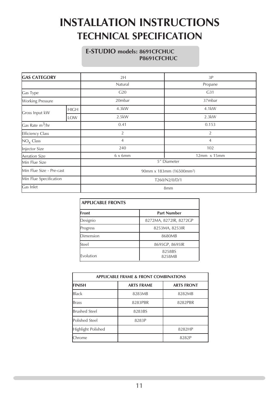 Installation instructions, Technical specification, E-studio | Stovax PR0741 User Manual | Page 11 / 34