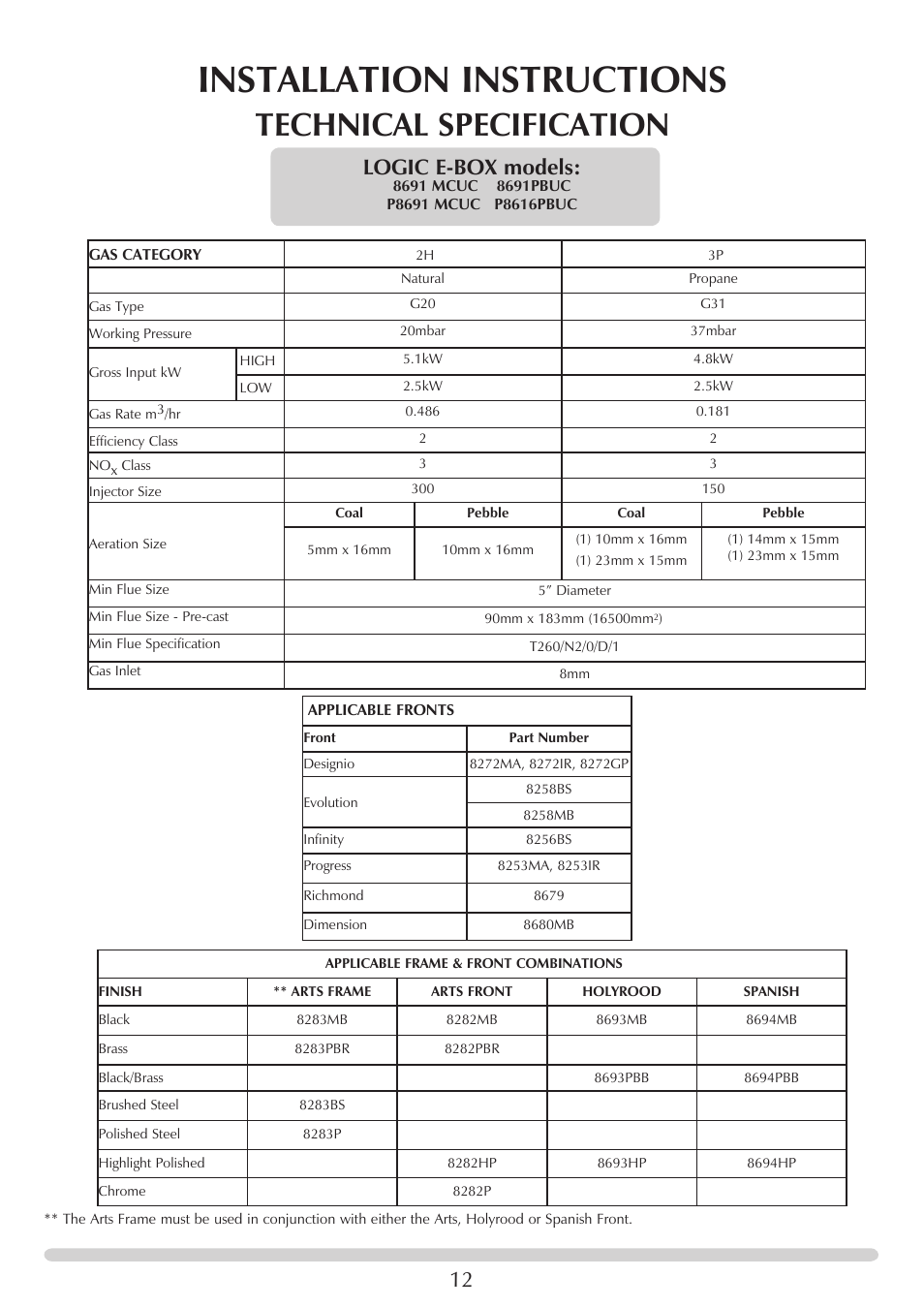 Installation instructions, Technical specification, Logic e-box models | Stovax PR0741 User Manual | Page 12 / 34