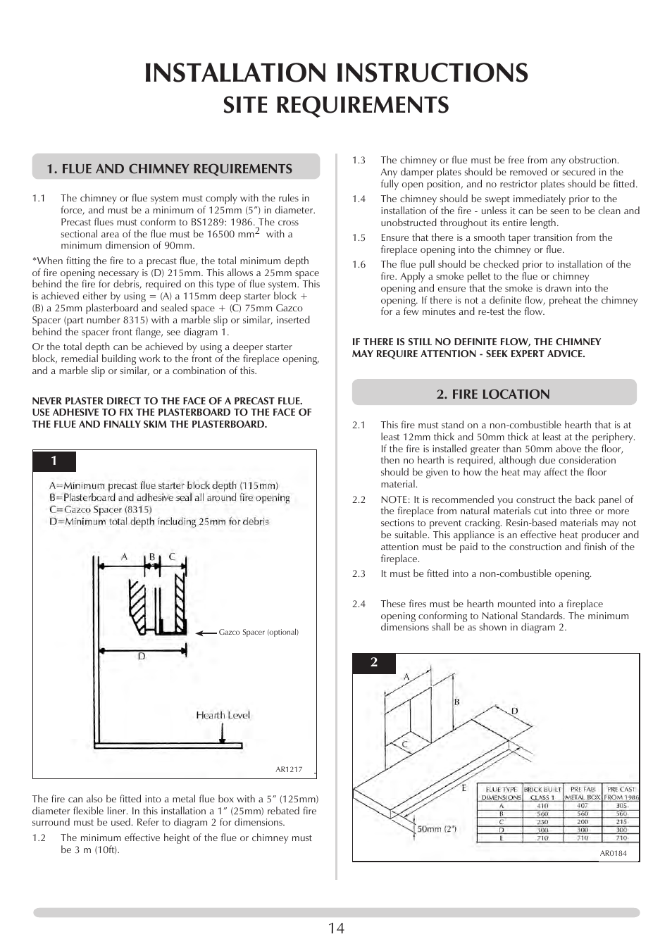 Installation instructions, Site requirements, Flue and chimney requirements | Fire location | Stovax PR0741 User Manual | Page 14 / 34