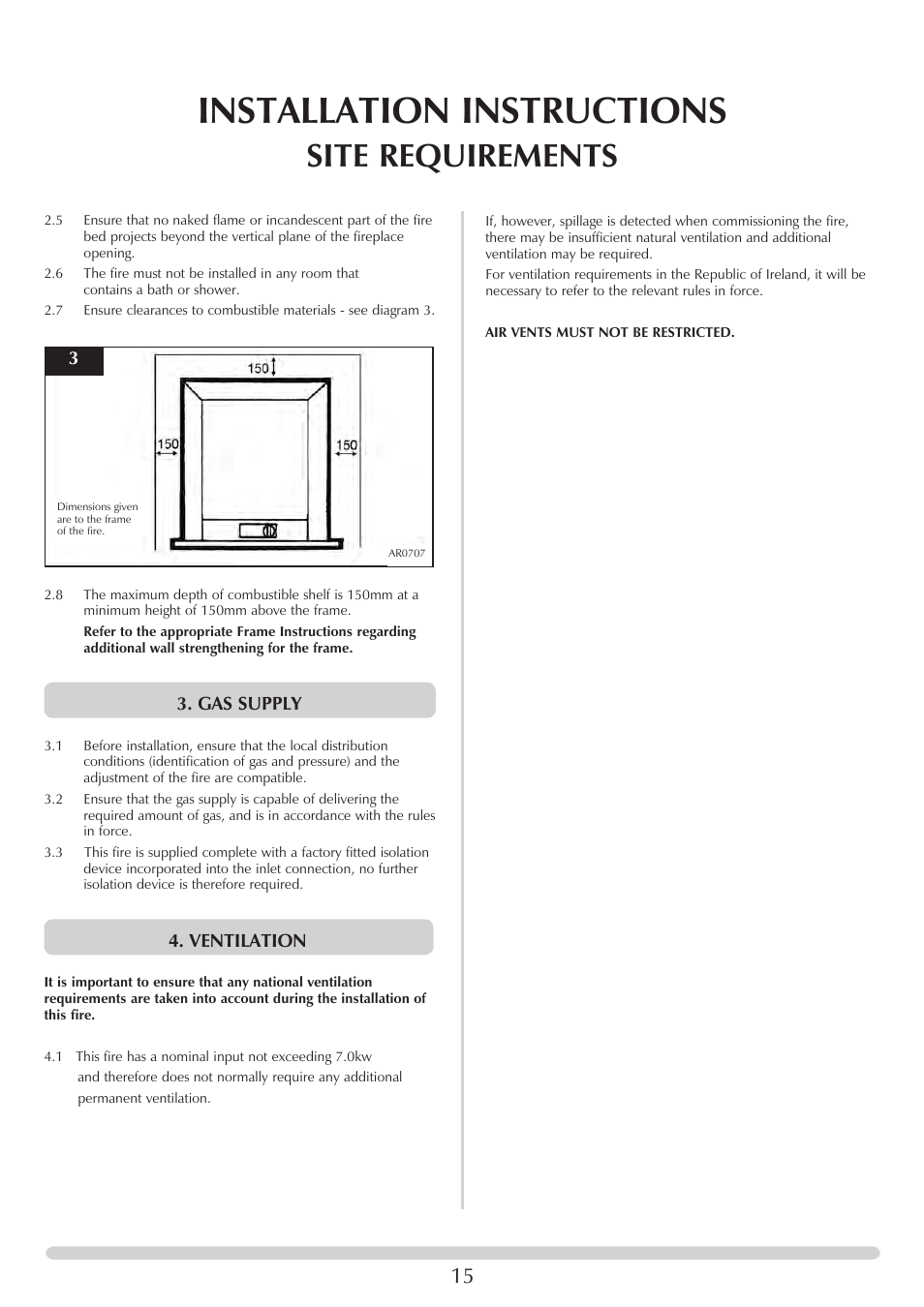 Installation instructions, Site requirements, Gas supply | Ventilation | Stovax PR0741 User Manual | Page 15 / 34