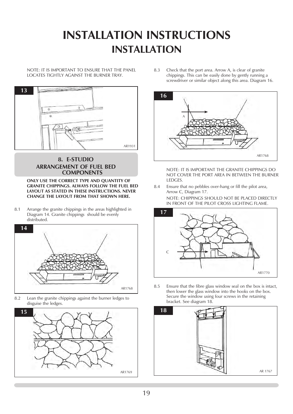 Installation instructions, Installation, E-studio arrangement of fuel bed components | Stovax PR0741 User Manual | Page 19 / 34