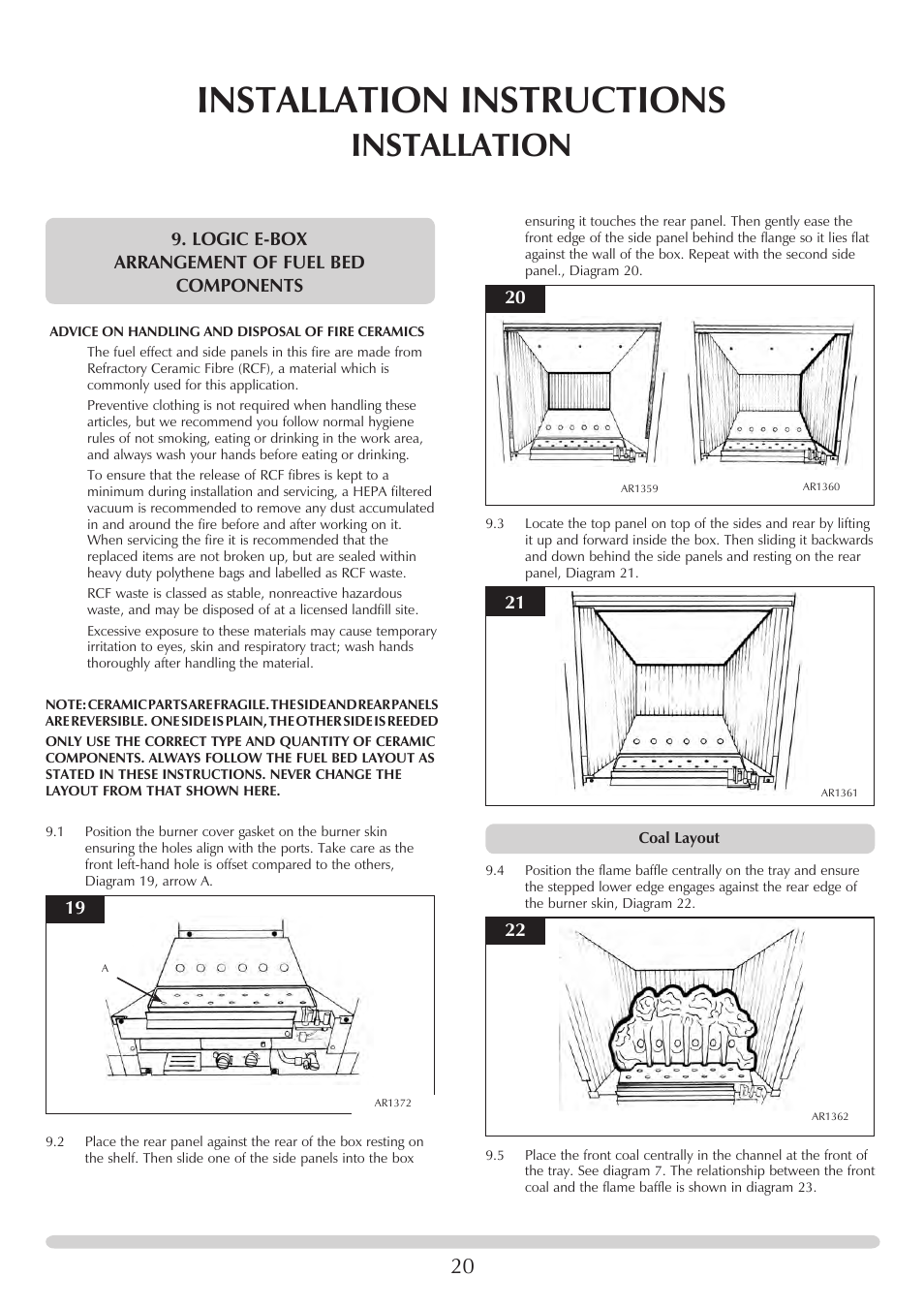 Installation instructions, Installation, Logic e-box arrangement of fuel bed components | Stovax PR0741 User Manual | Page 20 / 34