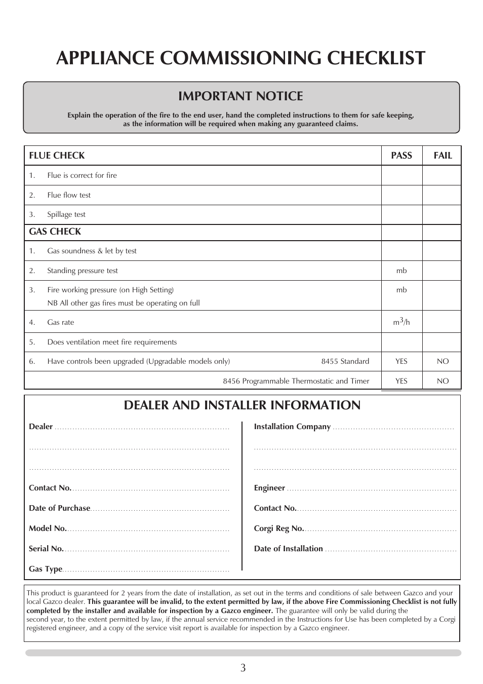 Appliance commissioning checklist, Important notice, Dealer and installer information | Flue check pass fail, Gas check | Stovax PR0741 User Manual | Page 3 / 34