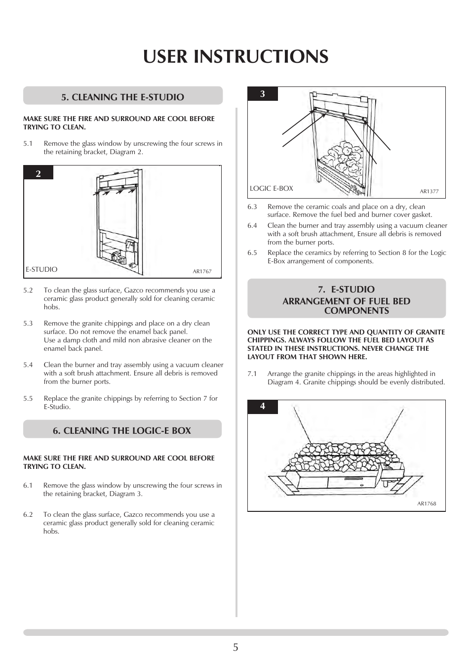 User instructions, Cleaning the e-studio, Cleaning the logic-e box | E-studio arrangement of fuel bed components | Stovax PR0741 User Manual | Page 5 / 34