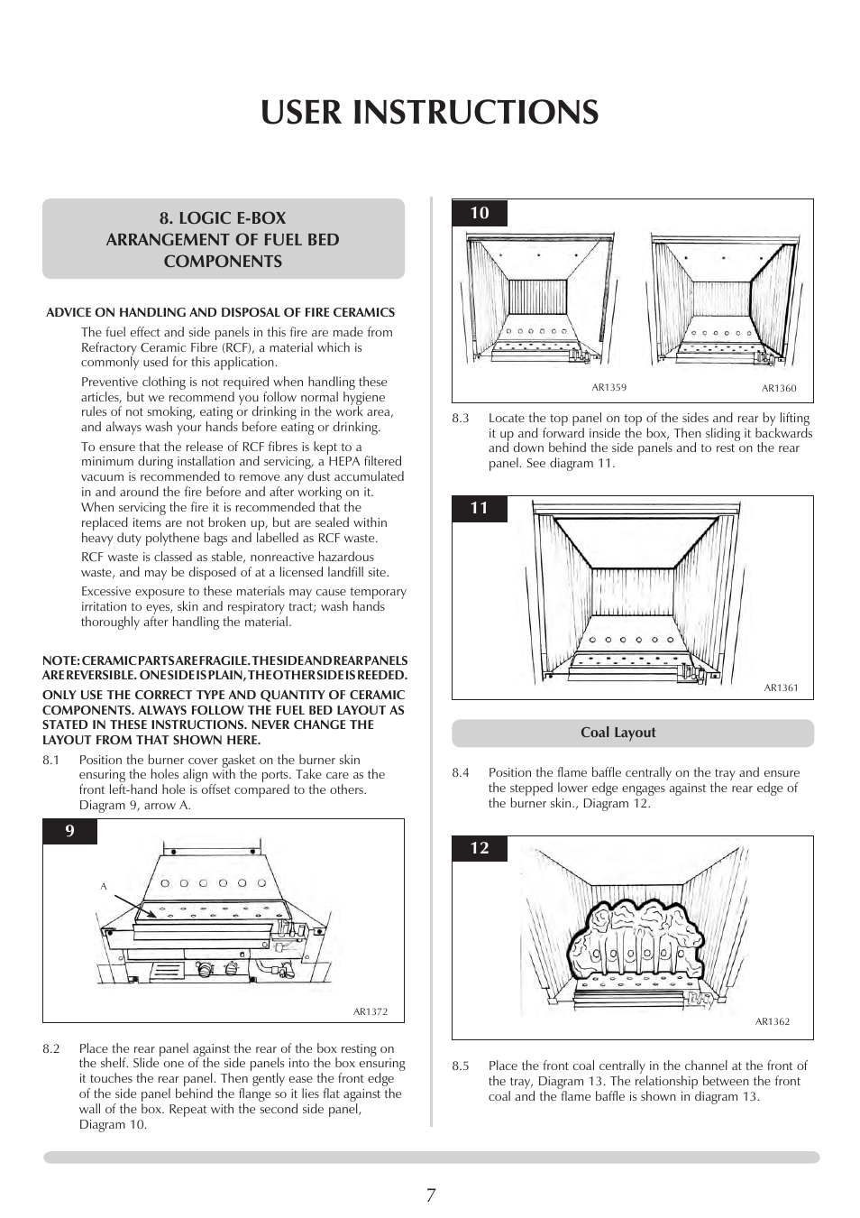 User instructions, Logic e-box arrangement of fuel bed components | Stovax PR0741 User Manual | Page 7 / 34