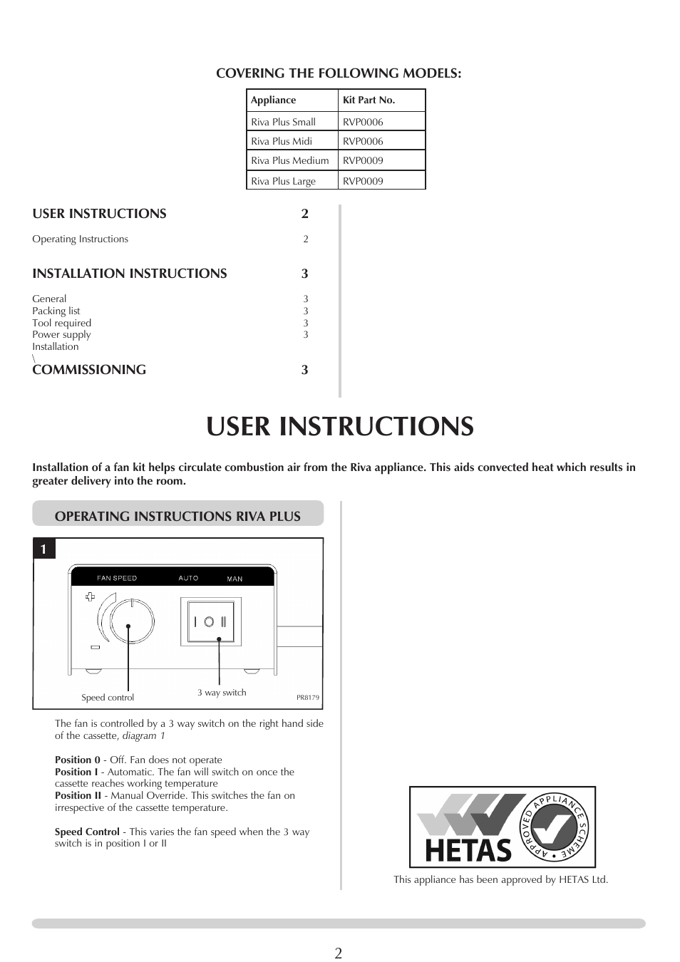 User instructions, Covering the following models: user instructions 2, Installation instructions 3 | Commissioning 3, Operating instructions riva plus | Stovax PM256 User Manual | Page 2 / 4