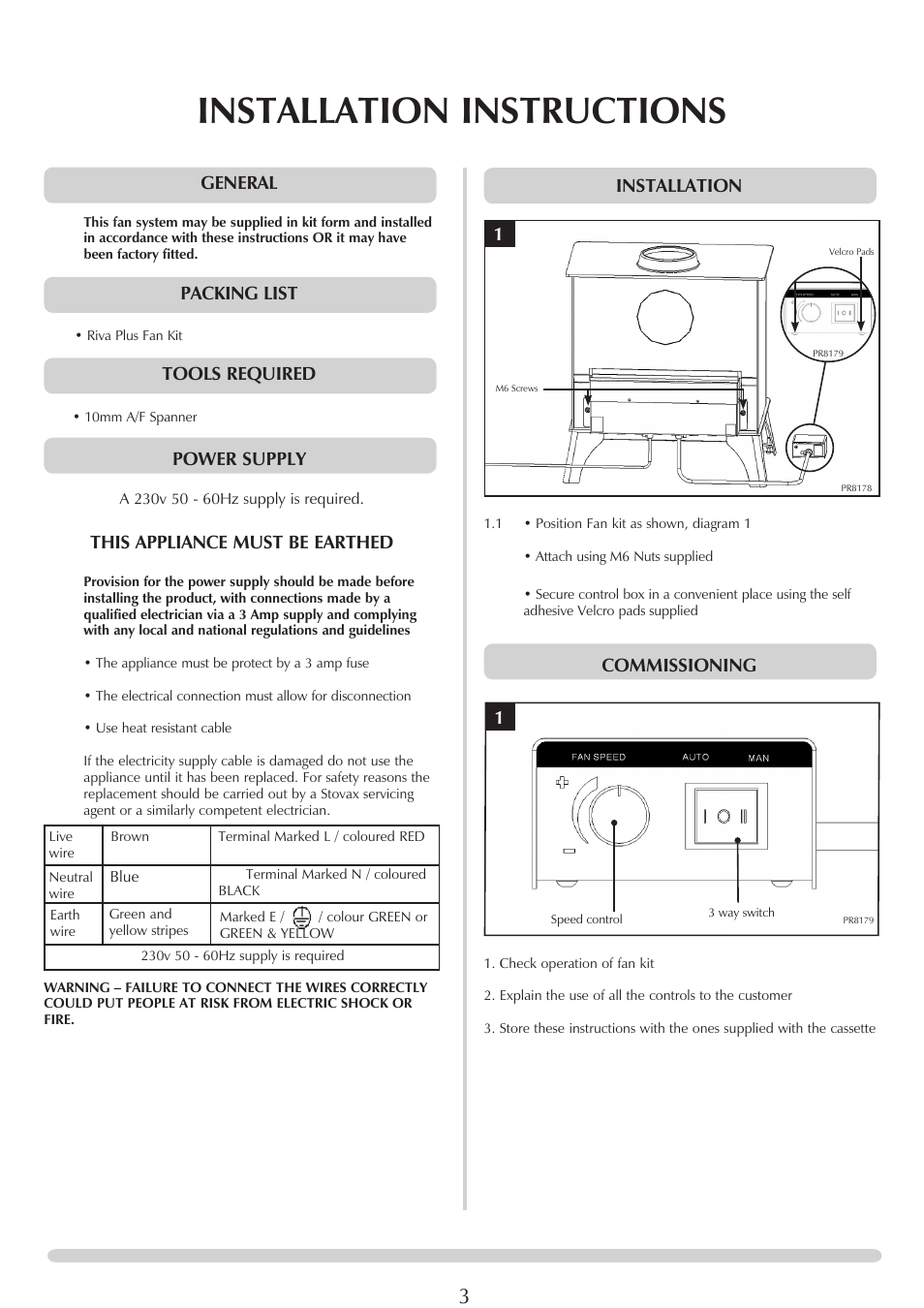 Installation instructions, Installation, Commissioning | General, Packing list, Tools required, Power supply, This appliance must be earthed | Stovax PM256 User Manual | Page 3 / 4