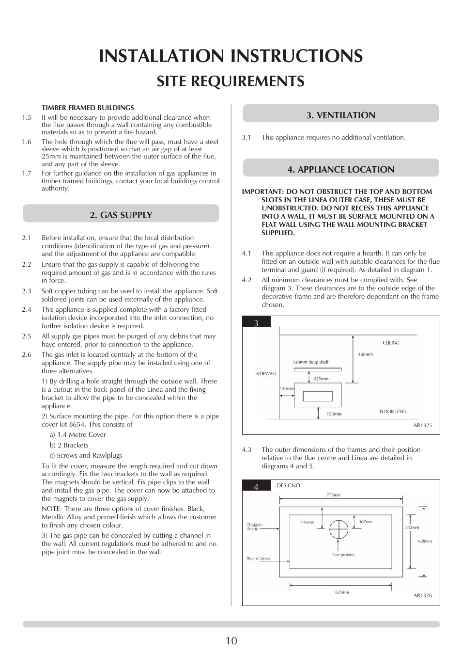 Installation instructions, Site requirements, Gas supply | Appliance location 3. ventilation 3 | Stovax GAZCO Linea Balanced Flue Convector Fire User Manual | Page 10 / 25