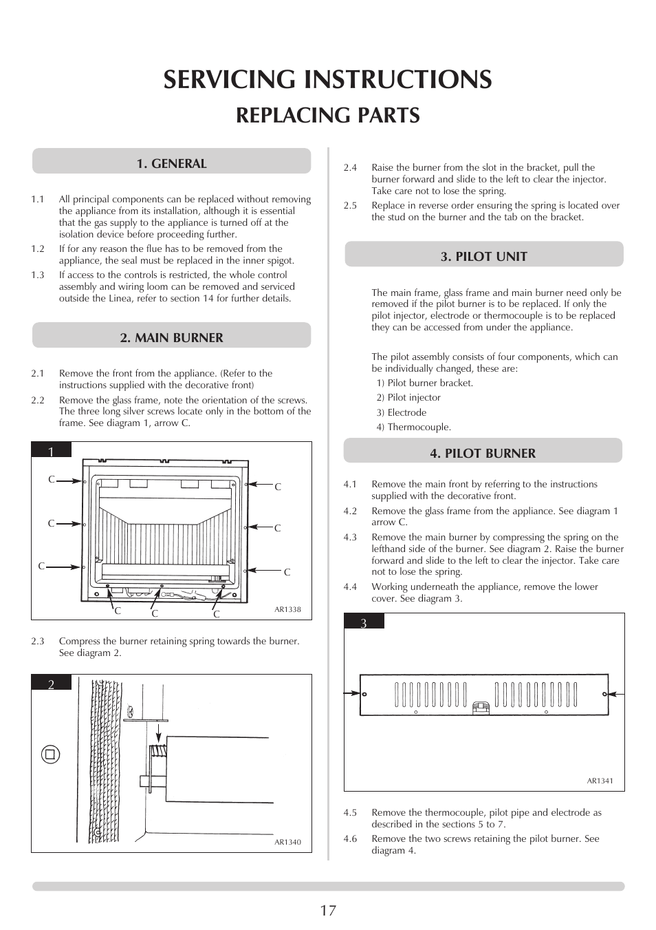 Servicing instructions, Replacing parts, Pilot unit | Main burner 1. general, Pilot burner 1 | Stovax GAZCO Linea Balanced Flue Convector Fire User Manual | Page 17 / 25