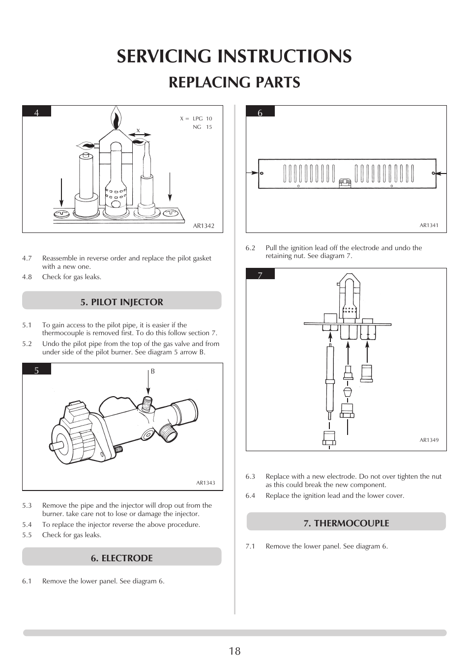 Servicing instructions, Replacing parts, Electrode 7. thermocouple 4 6 | Pilot injector | Stovax GAZCO Linea Balanced Flue Convector Fire User Manual | Page 18 / 25