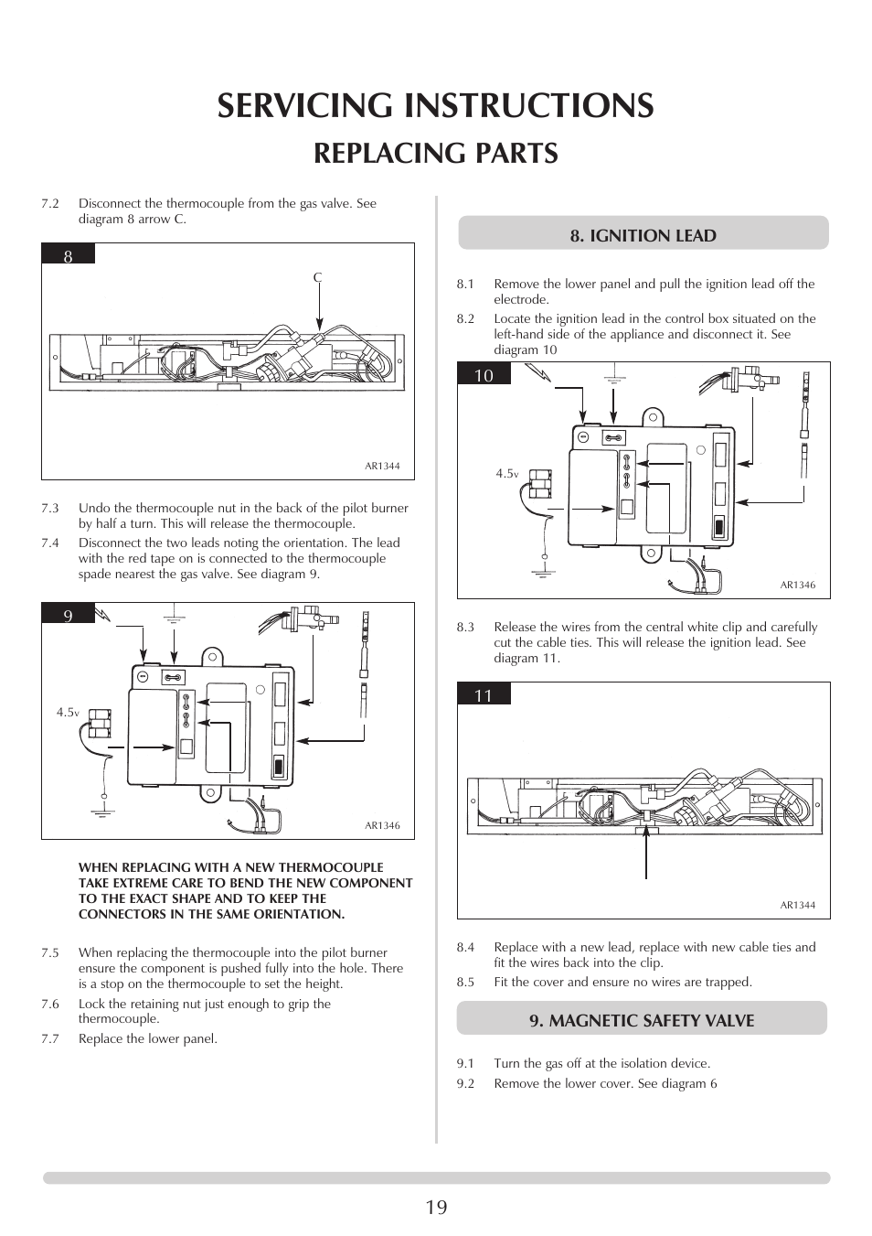 Servicing instructions, Replacing parts, Ignition lead | Magnetic safety valve | Stovax GAZCO Linea Balanced Flue Convector Fire User Manual | Page 19 / 25