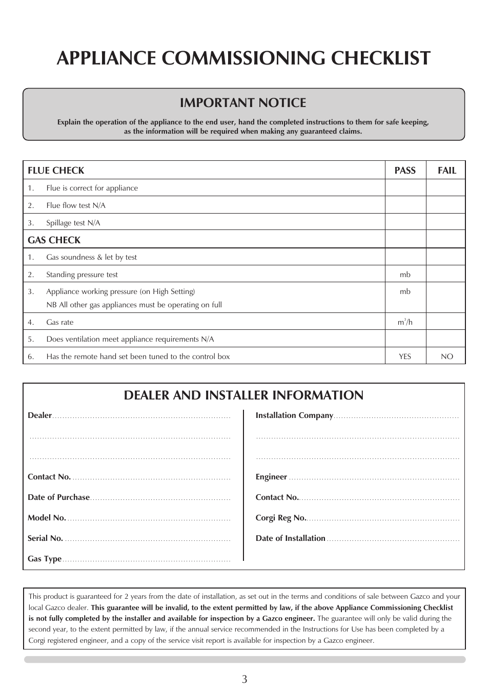 Appliance commissioning checklist, Important notice, Dealer and installer information | Flue check pass fail, Gas check | Stovax GAZCO Linea Balanced Flue Convector Fire User Manual | Page 3 / 25