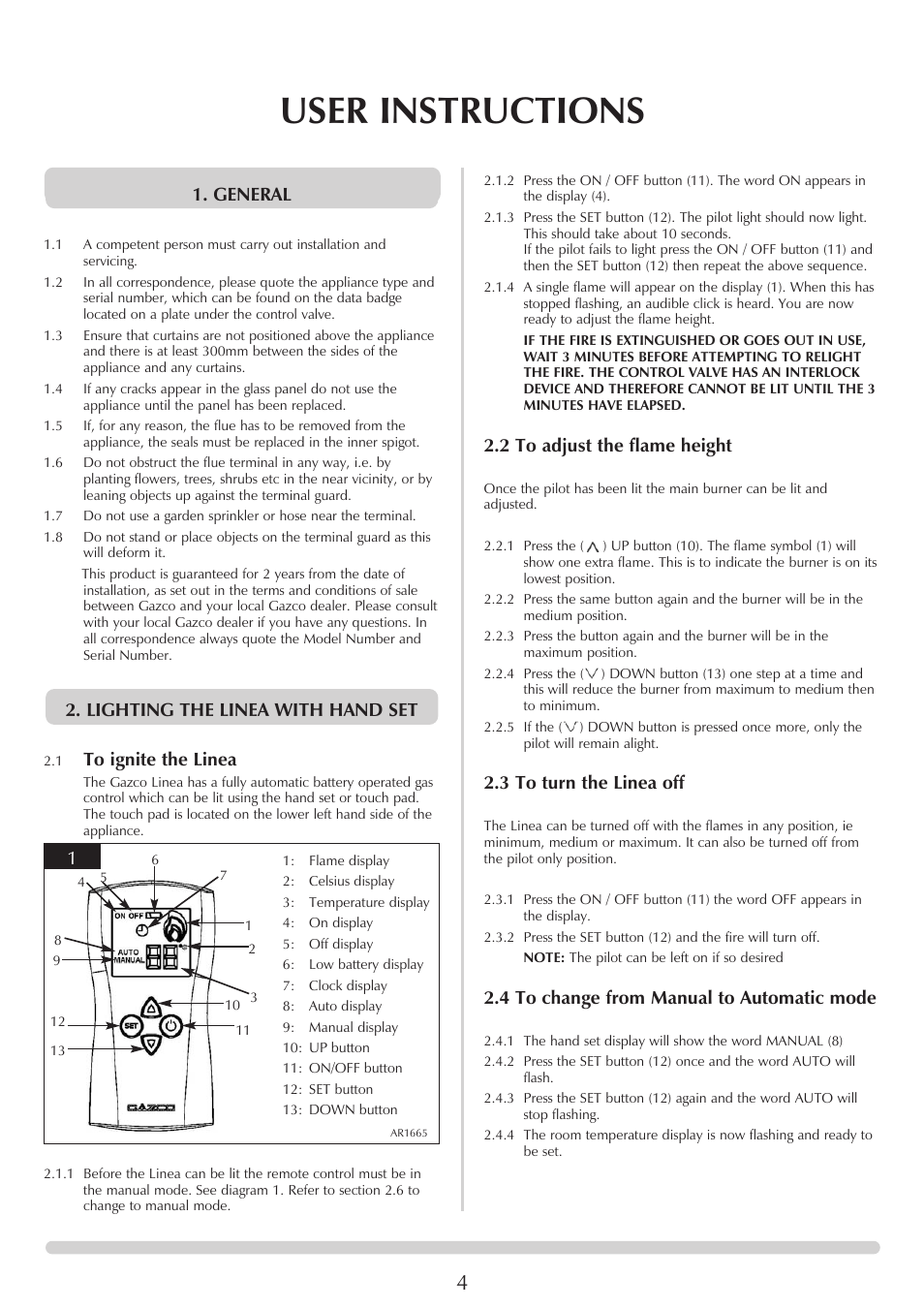 User instructions, Lighting the linea with hand set 1. general, 2 to adjust the flame height | 3 to turn the linea off, 4 to change from manual to automatic mode | Stovax GAZCO Linea Balanced Flue Convector Fire User Manual | Page 4 / 25