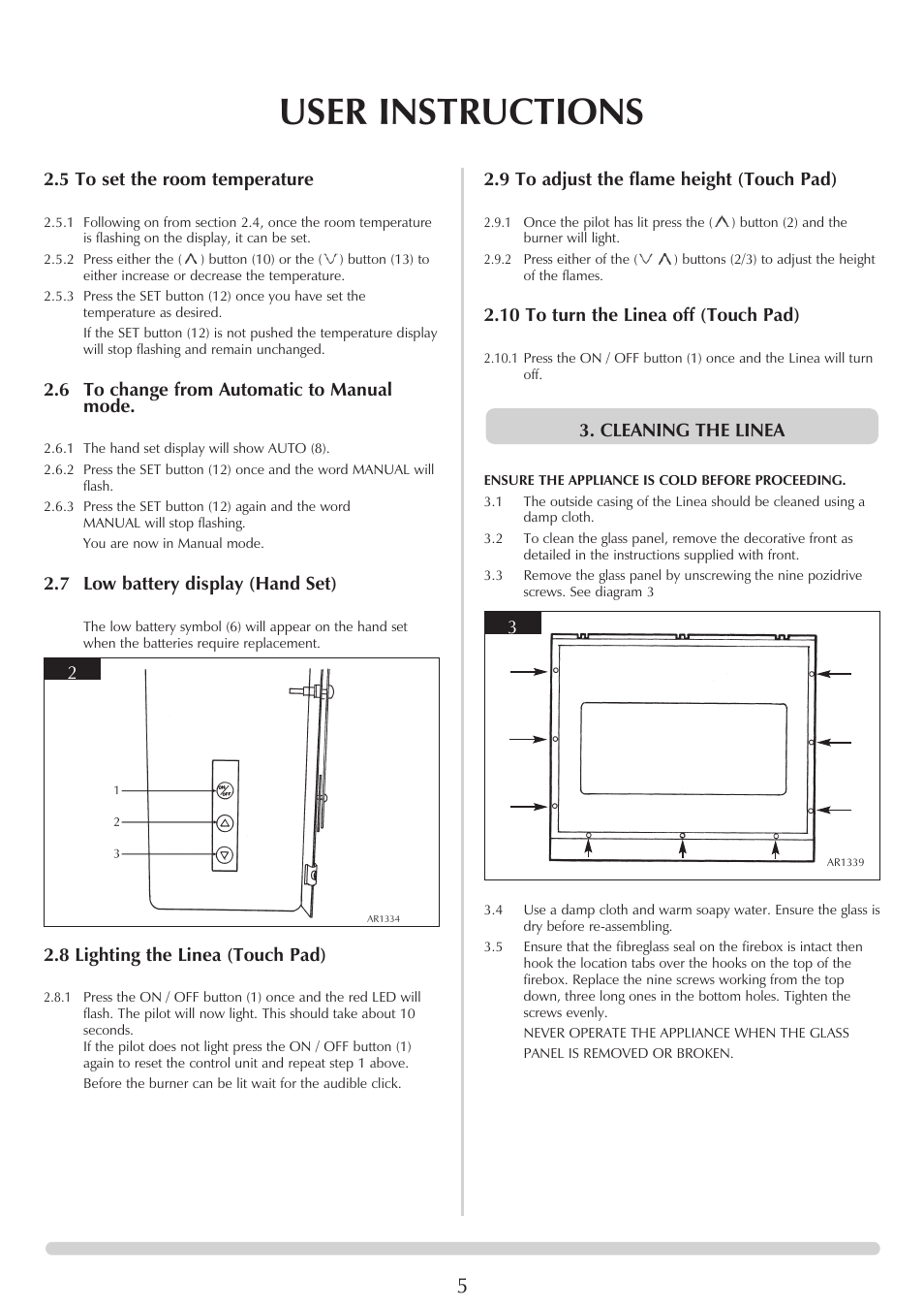 User instructions, 5 to set the room temperature, 6 to change from automatic to manual mode | 7 low battery display (hand set), 8 lighting the linea (touch pad), 9 to adjust the flame height (touch pad), 10 to turn the linea off (touch pad), Cleaning the linea | Stovax GAZCO Linea Balanced Flue Convector Fire User Manual | Page 5 / 25