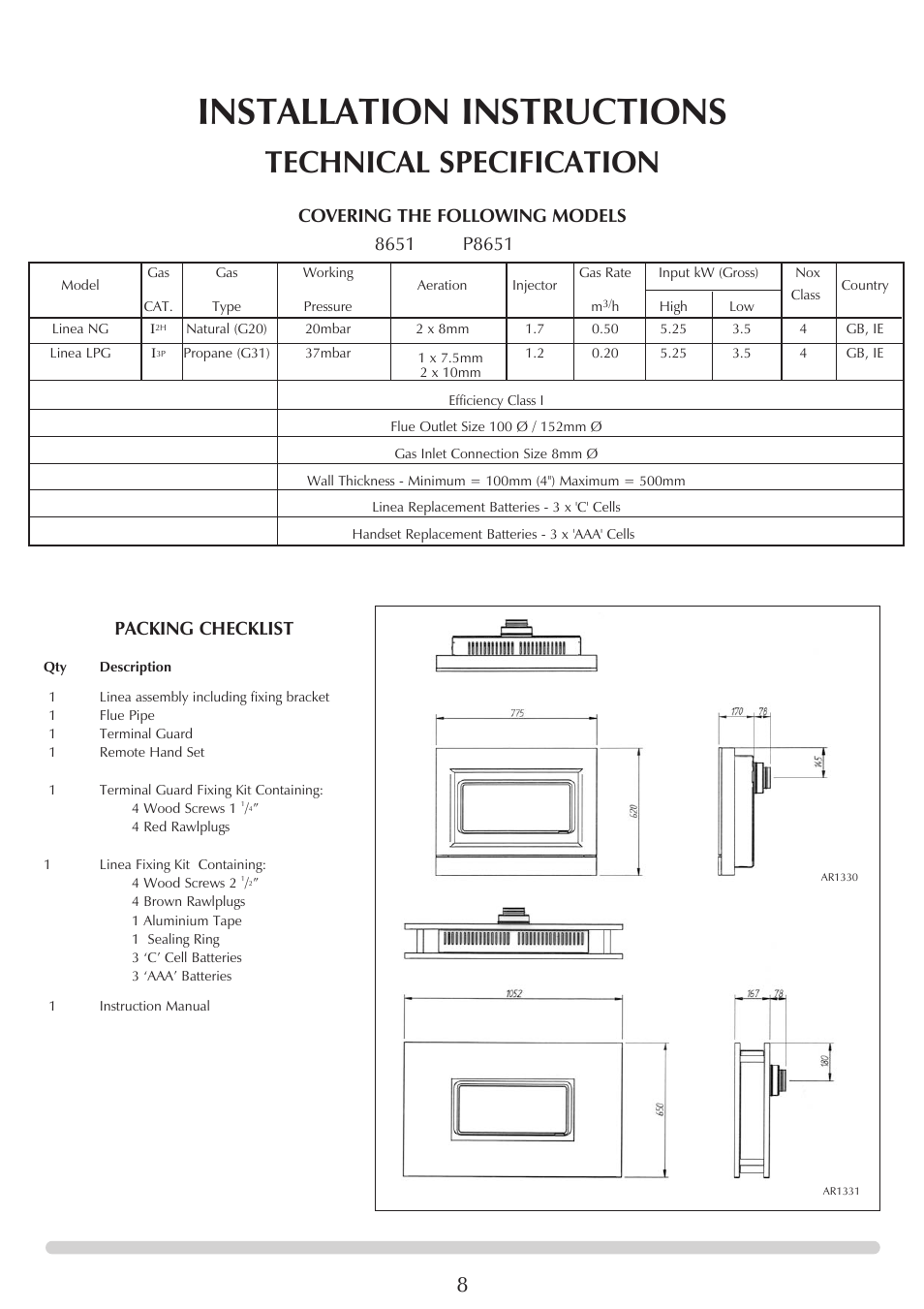 Installation instructions, Technical specification, Packing checklist | Stovax GAZCO Linea Balanced Flue Convector Fire User Manual | Page 8 / 25