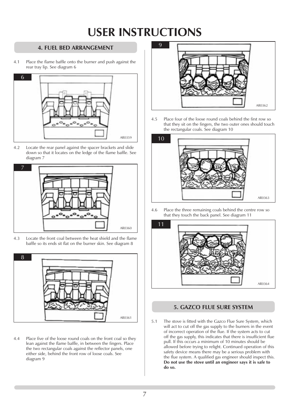 User instructions, Gazco flue sure system 4. fuel bed arrangement | Stovax F40 User Manual | Page 7 / 24