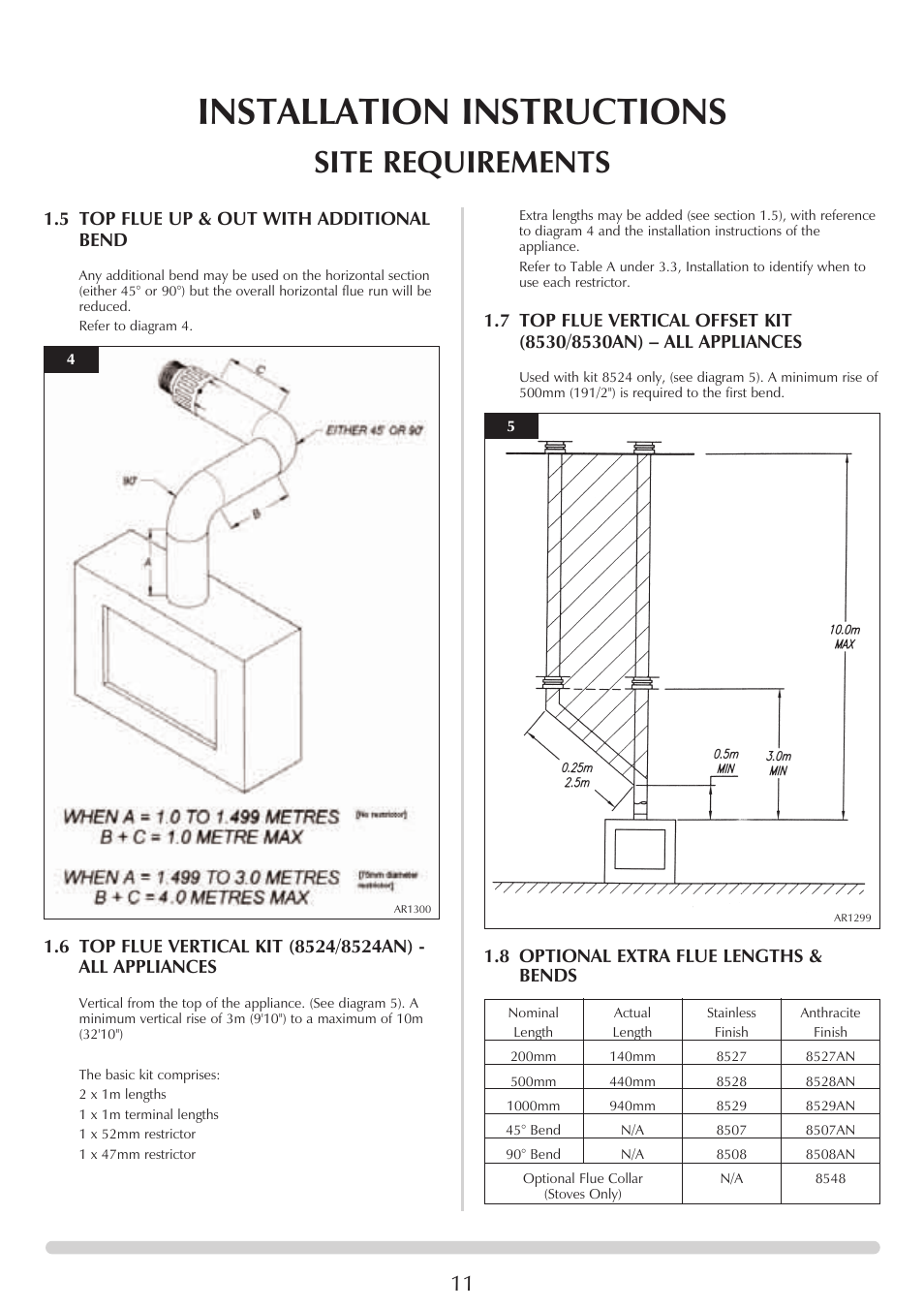 Installation instructions, Site requirements, 5 top flue up & out with additional bend | 8 optional extra flue lengths & bends | Stovax Clarendon & Ashdon ASHDON 8546LUC-P8546LUC User Manual | Page 11 / 27