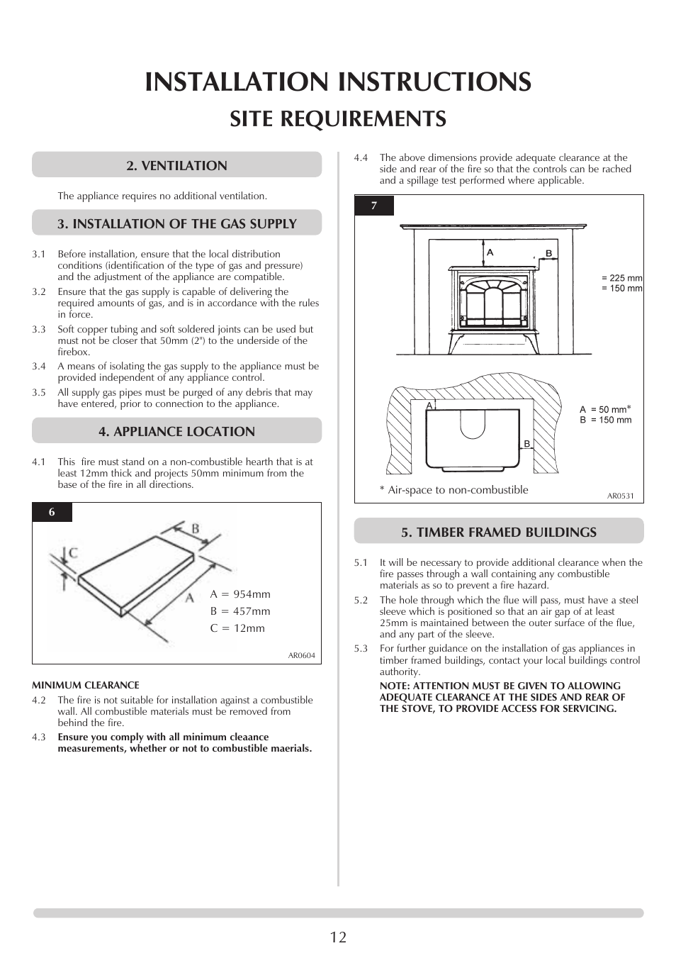 Installation instructions, Site requirements, Ventilation | Installation of the gas supply, Appliance location, Timber framed buildings | Stovax Clarendon & Ashdon ASHDON 8546LUC-P8546LUC User Manual | Page 12 / 27