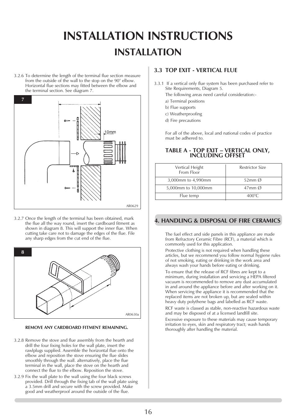 Installation instructions, Installation, 3 top exit - vertical flue | Handling & disposal of fire ceramics | Stovax Clarendon & Ashdon ASHDON 8546LUC-P8546LUC User Manual | Page 16 / 27